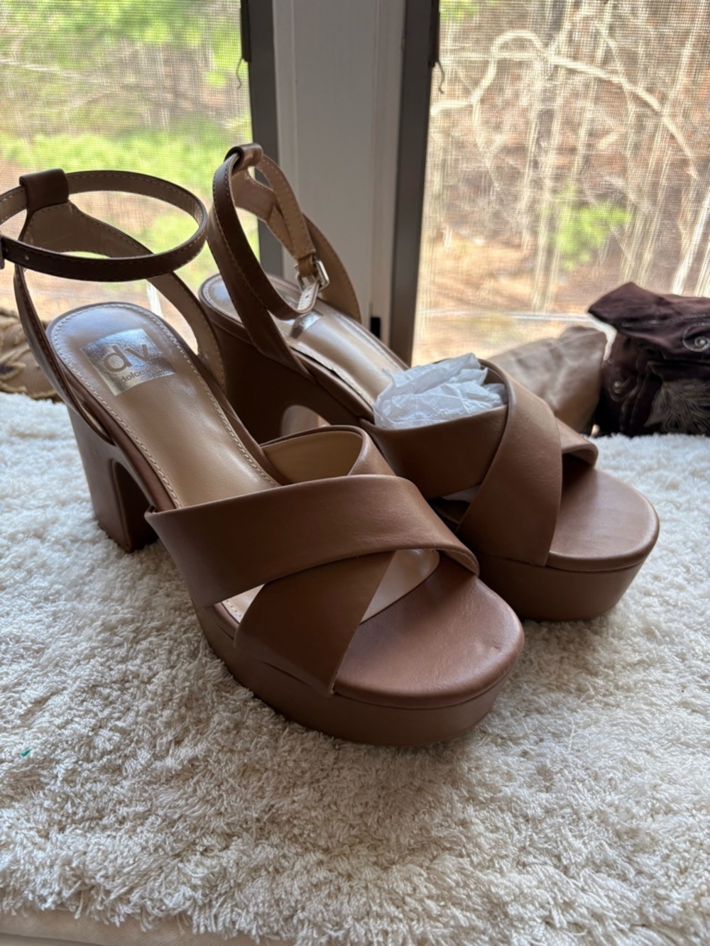 Dolce Vita Tan Crisscross Platform Sandals with Ankle Strap